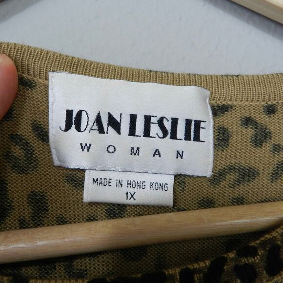Vintage 90s Joan Leslie Leopard Print Knit Sweater Size 1X Short Sleeve Pullover - Picture 2 of 7